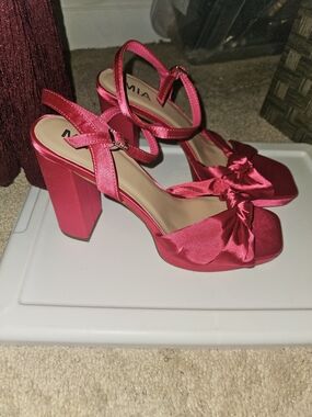 MIA Pink Satin Knot Block Heel Sandals